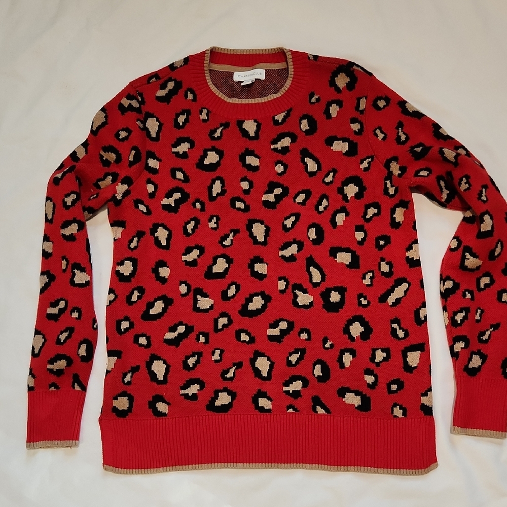 Charter Club Red Leopard Print Crewneck Sweater